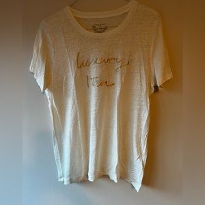 JCrew Linen T-shirt Ivory White with Gold letters “Luxury Item” Size Large